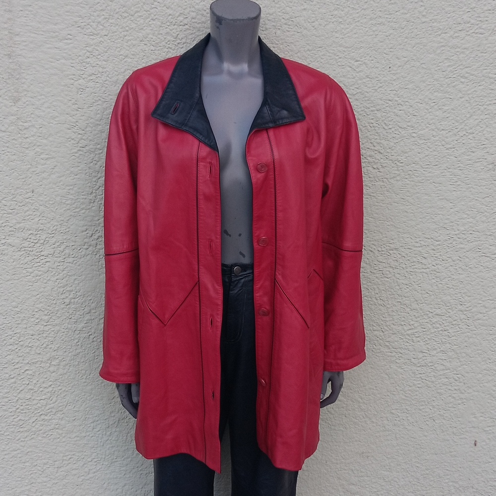 M. Piel Ladies Vintage Red Custom Genuine Leather Jacket W/Black Trim